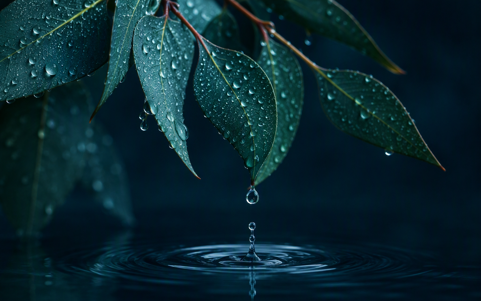 Water droplets on deep green leaves