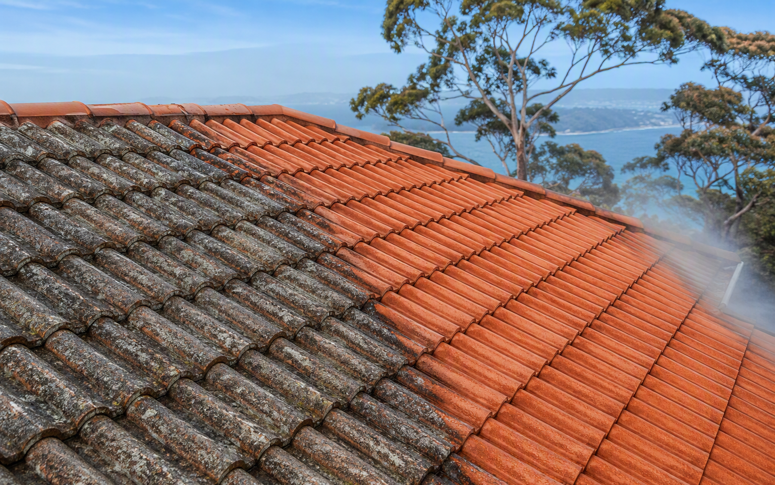 Terracotta roof tiles half cleaned